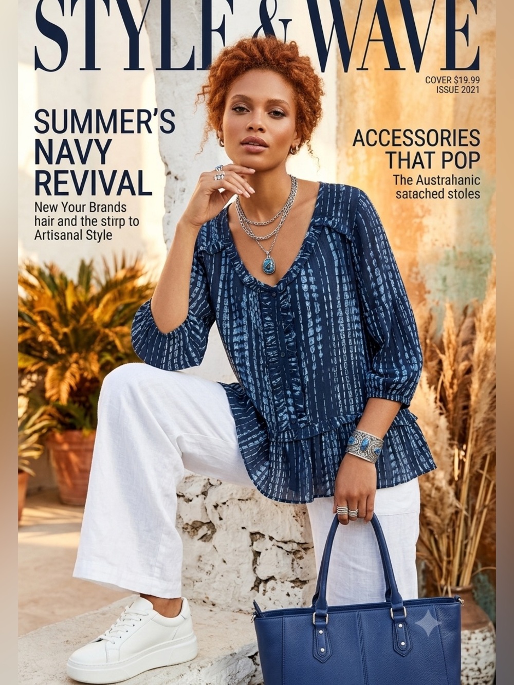 Fred David Blue Striped boho Top w full 3/4 elastic sleeves Ruffled peplum SZ L
